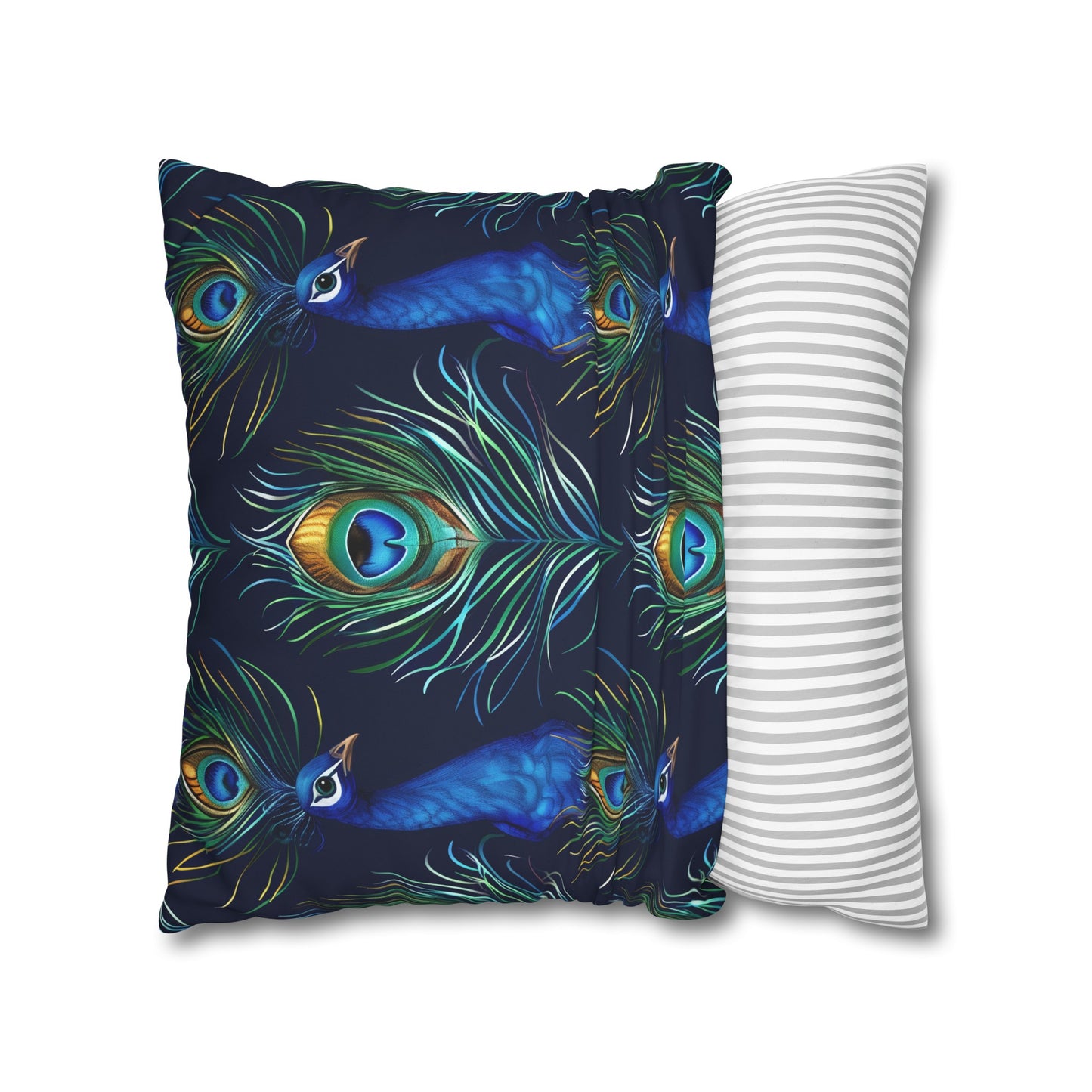 "Soft blue peacock feathers pillowcase, vibrant seamless pattern for stylish bedroom decor"