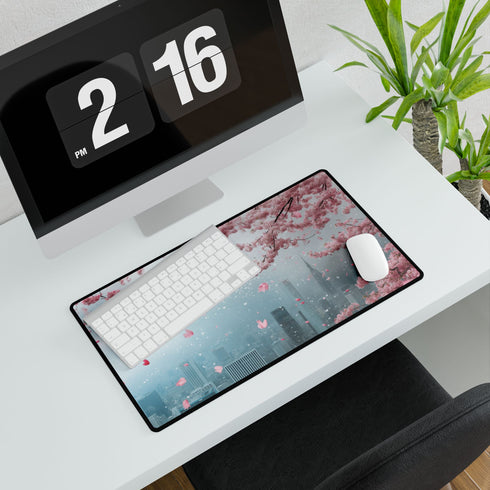 Cherry Blossoms Raining over City Skyline — XL & XXL Desk Mat — Product Detail View 7