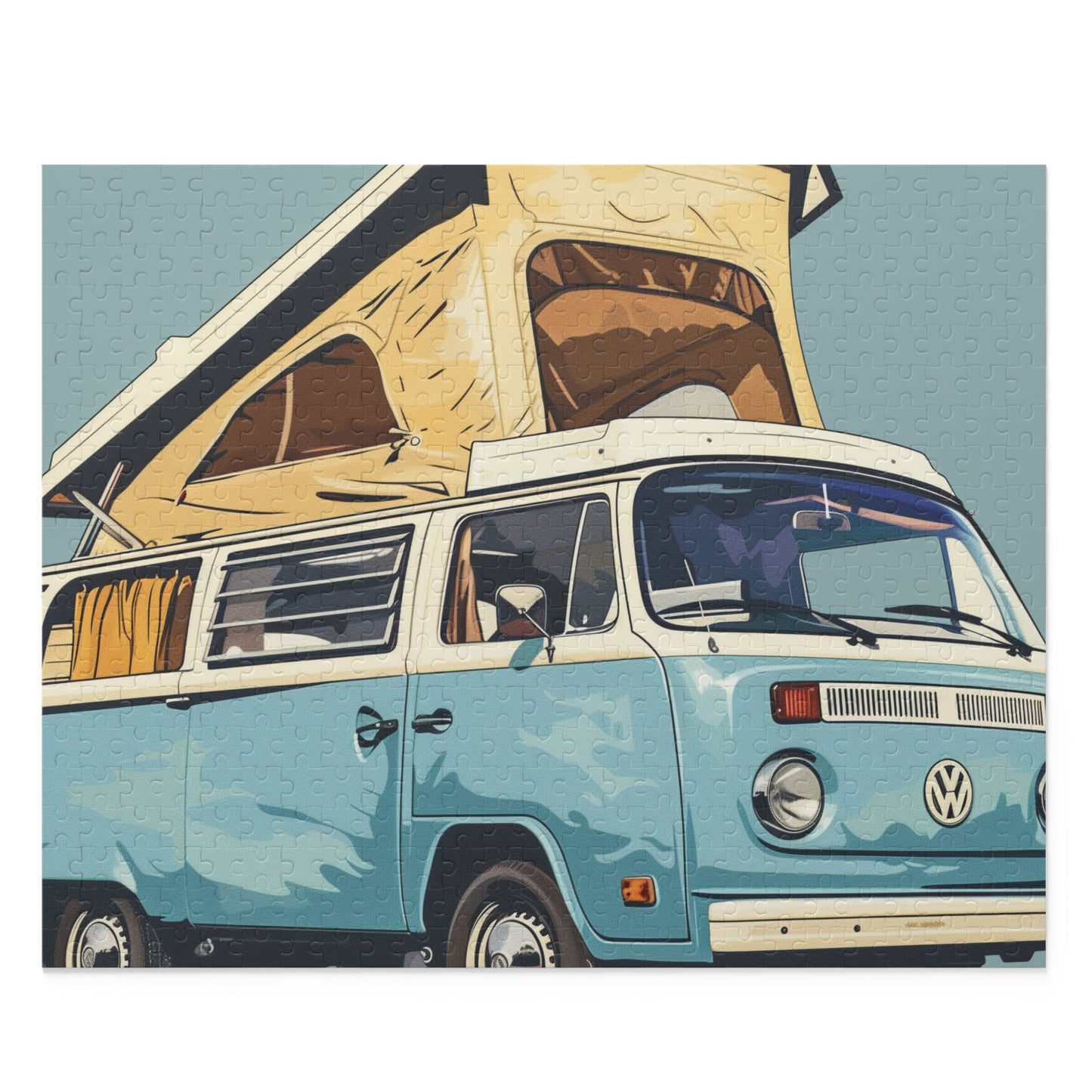 "Vintage Light Blue Camper Van Jigsaw Puzzle - Retro nostalgia and adventure in a charming puzzle"