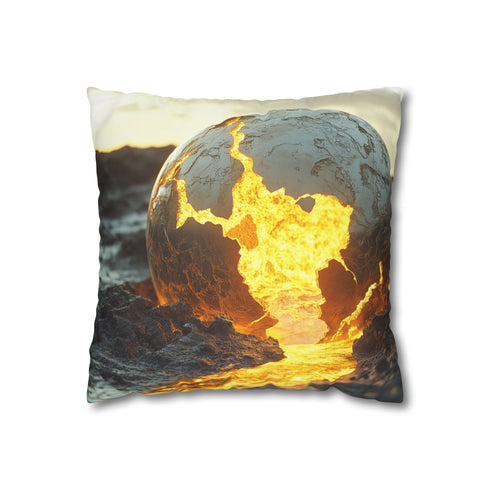Crumbling Planet Leaking Golden Lava (Edition II) — 40×40 Cushion Cover — Front 40×40 cm Square Cushion View