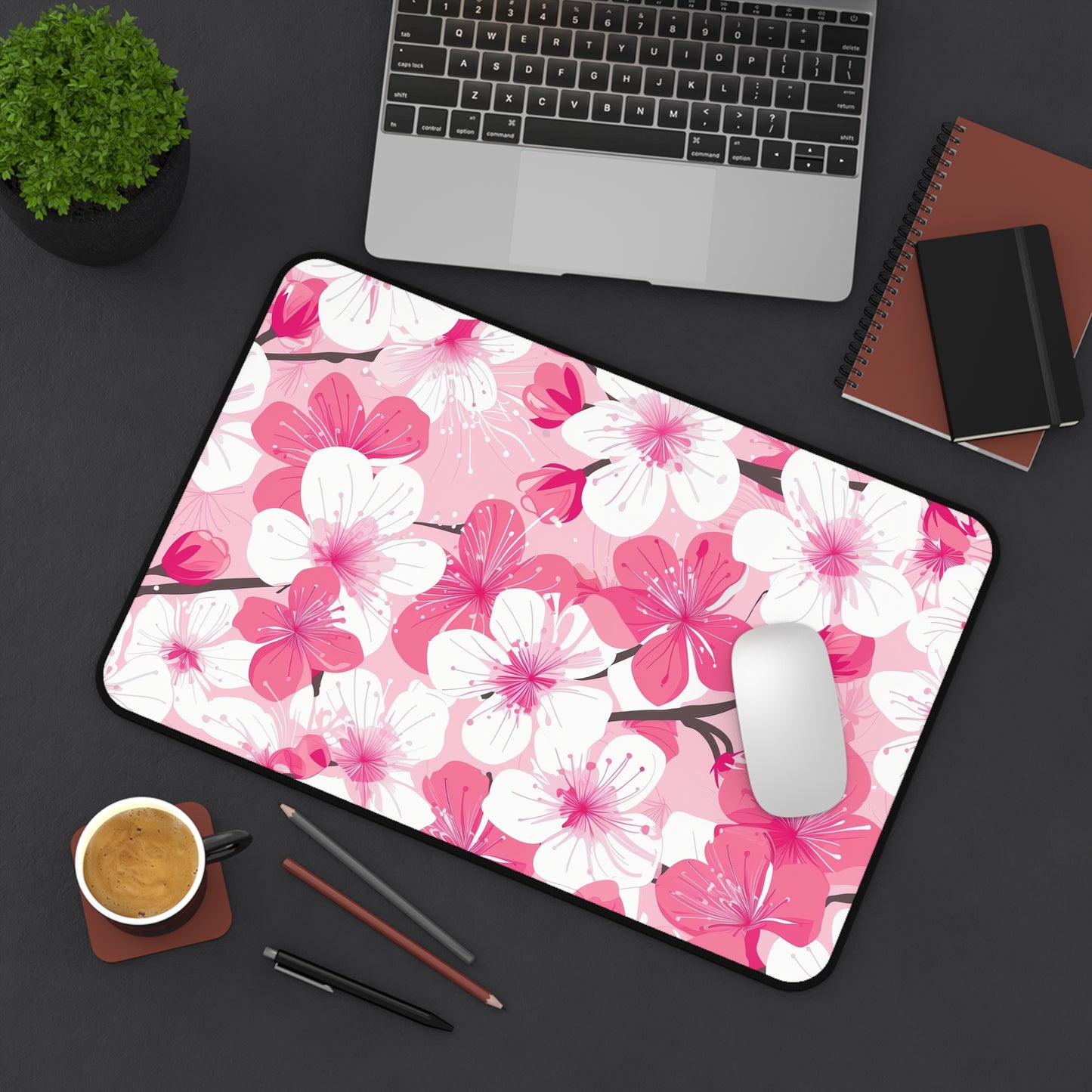 "Cherry Blossom Desk Mat - Tranquil pink and white petals for elegant workspace sophistication"