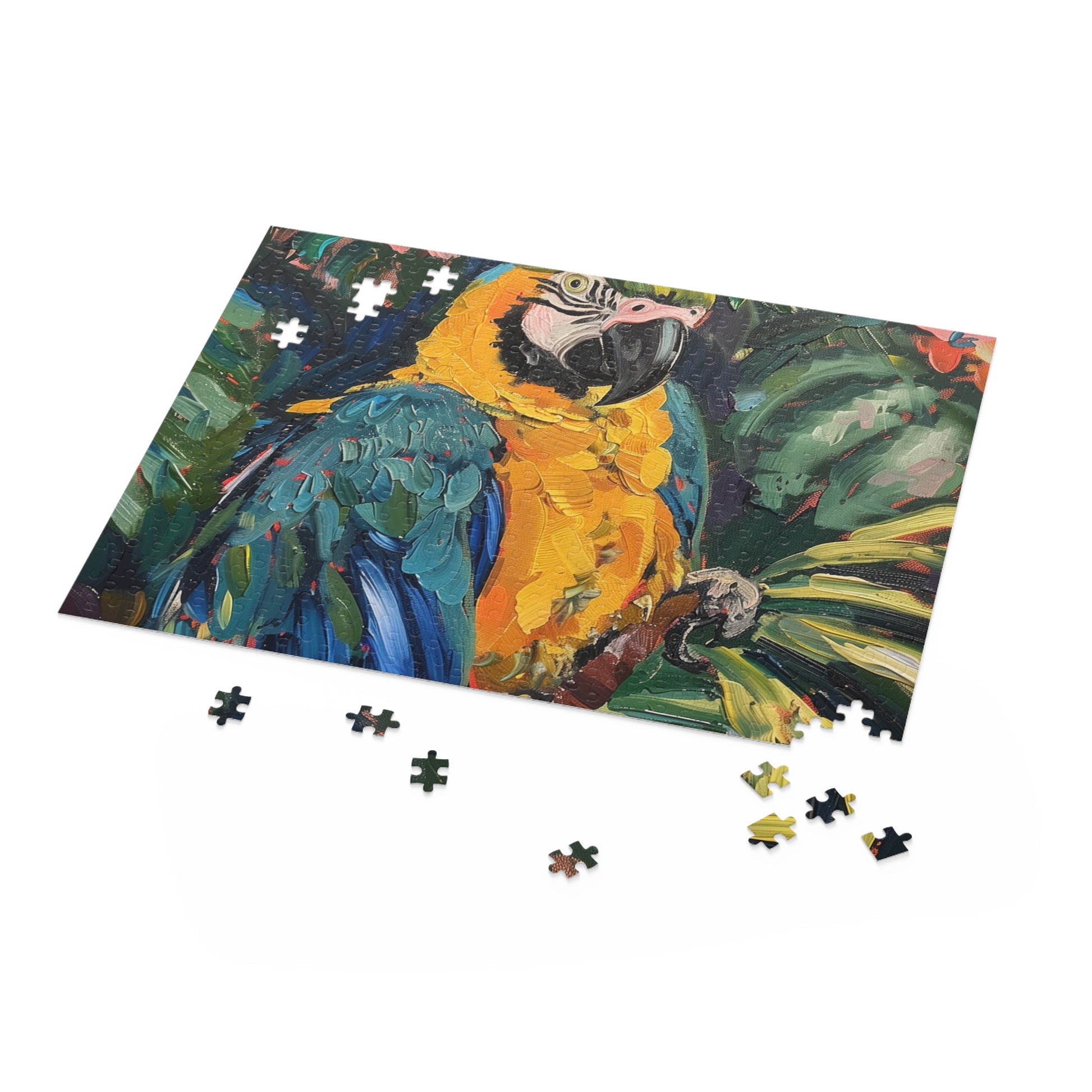 Colorful Parrot Paradise Jigsaw Puzzle - Vibrant tropical scene with lush greenery, ideal for relaxation and family fun!