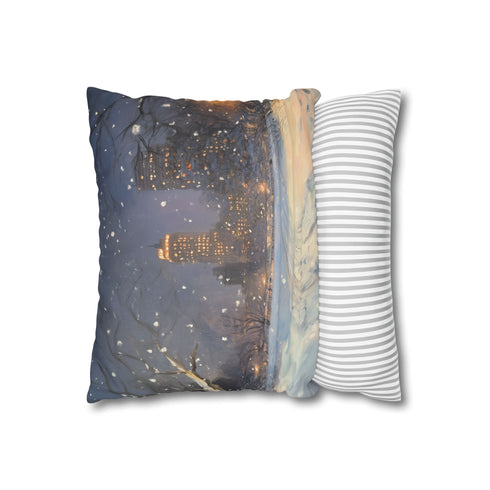 Central Park Snow Night — 40×40 Cushion Cover — Soft Brushed Fabric Texture Close-Up