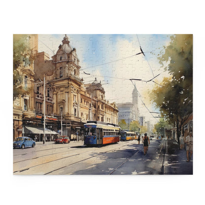 "Melbourne Tram Puzzle - Iconic city sights in a fun jigsaw puzzle for tram enthusiasts and puzzlers"