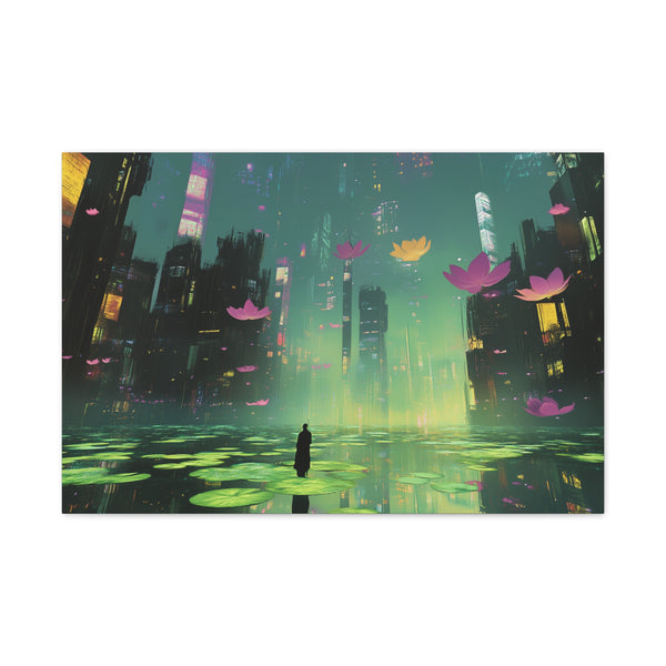 Floating Zen Garden Above Neon City — Canvas Wall Art — Living Room Wall Lifestyle View