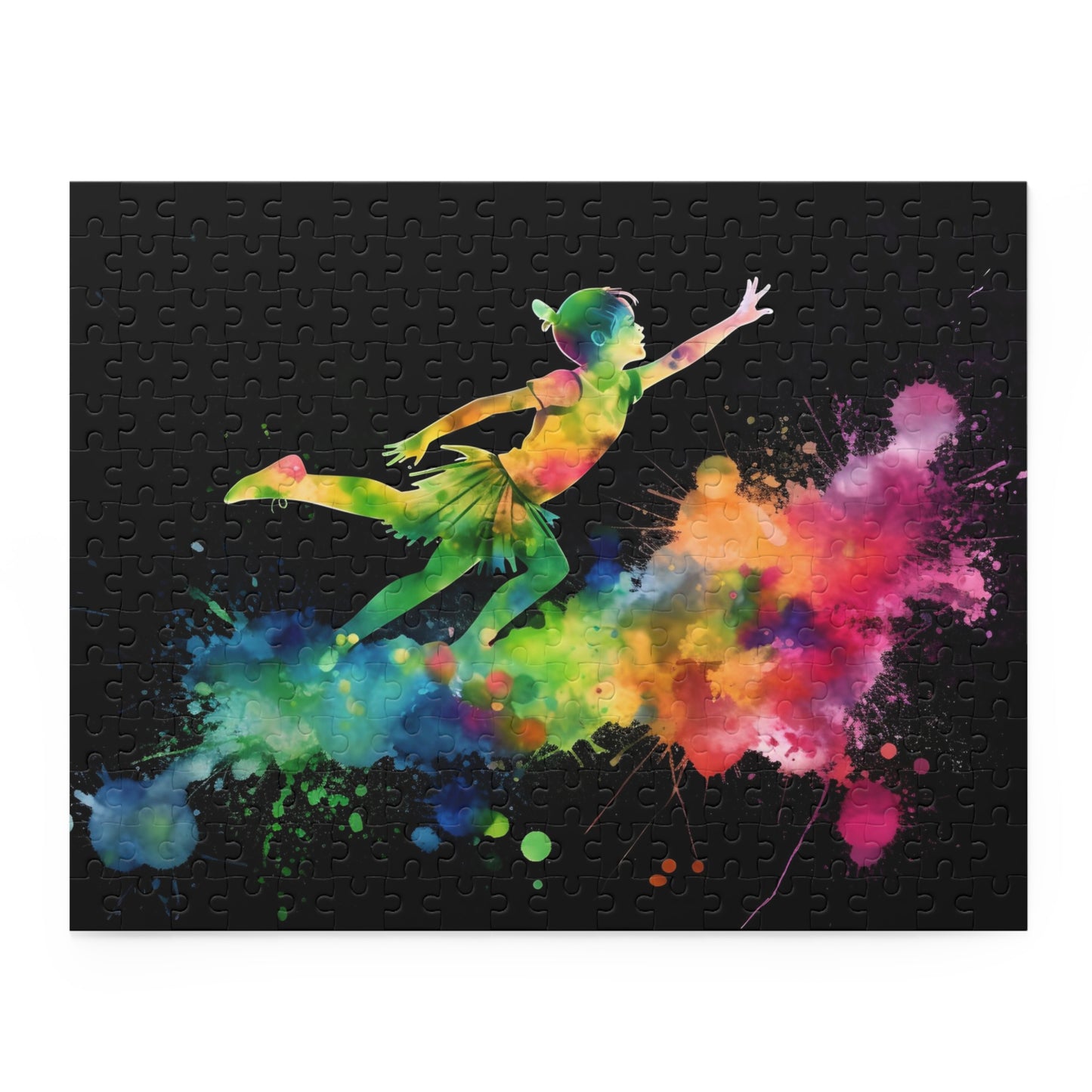 "Peter Pan Watercolor Neon Puzzle - Vibrant jigsaw with neon colors, bringing beloved characters to life"