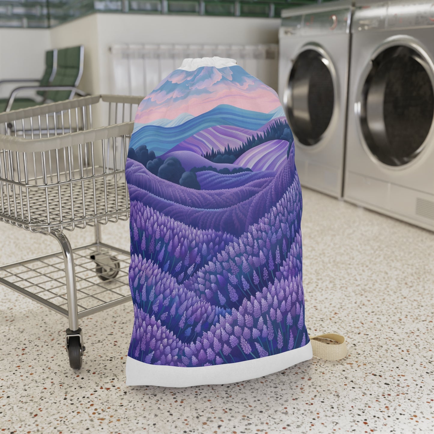 "Seamless lavender fields laundry bag for relaxing laundry routine"