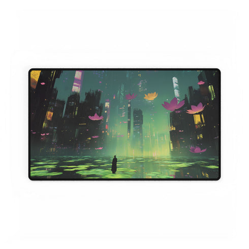 Floating Zen Garden Above Neon City — XL & XXL Desk Mat — Gaming & Workspace Desk Setup View