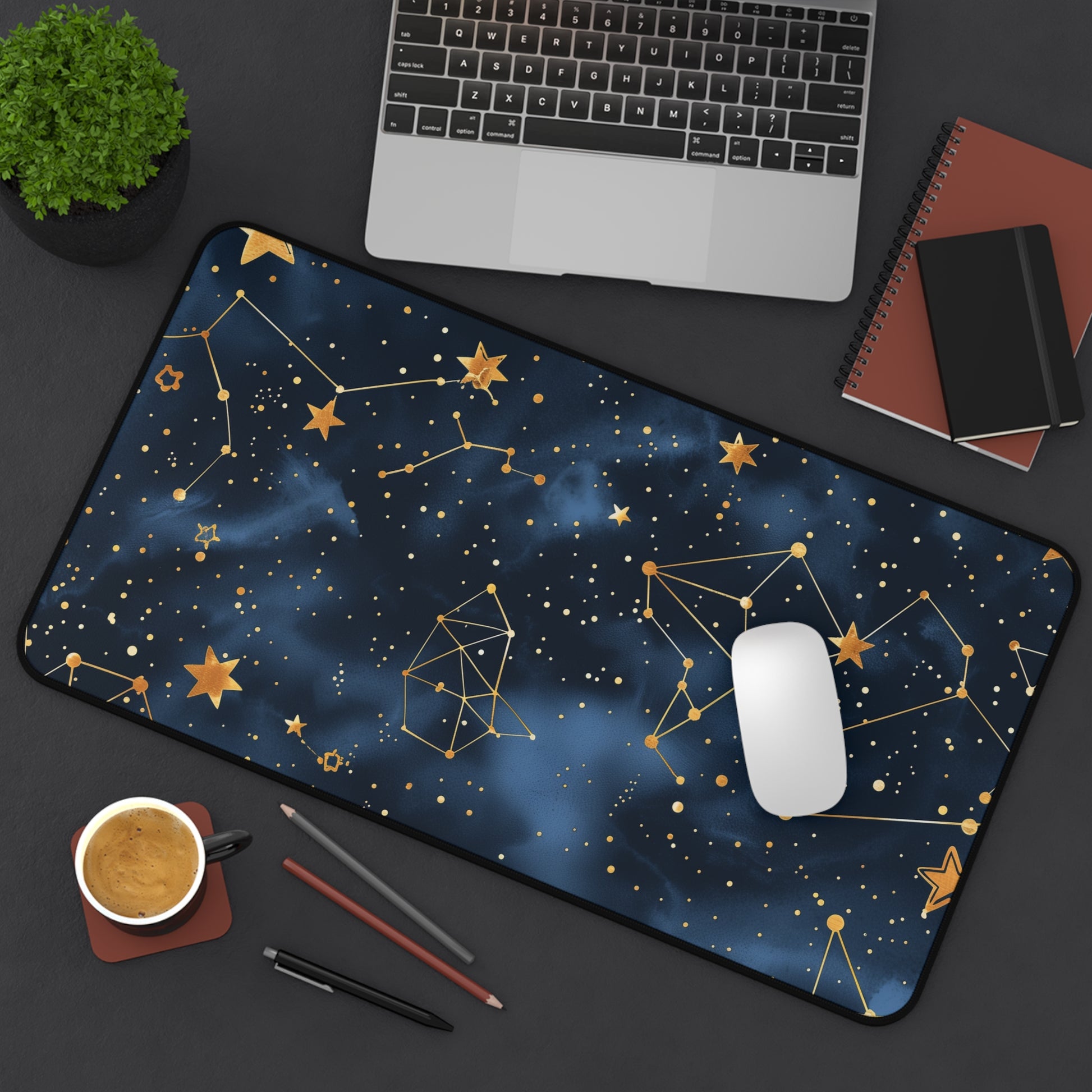 "Starry Night Desk Mat with Constellation Stars Pattern for Inspiring Workspace Organization"