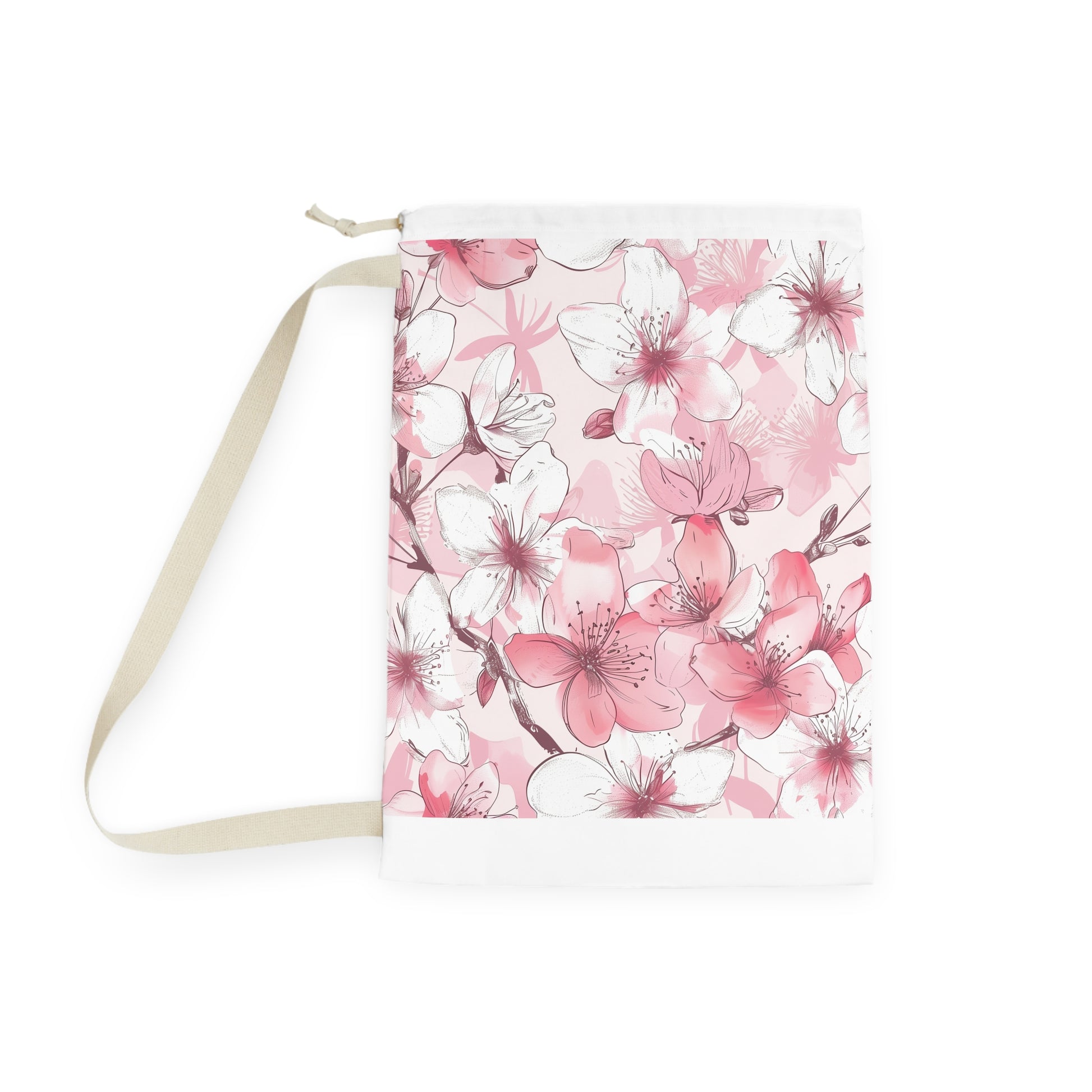 Stunning cherry blossom laundry bag in pink and white for organized clothing care.