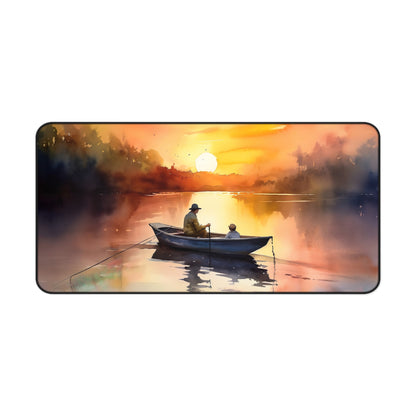 "Fisherman Sunset Desk Mat - Add tranquility to your workspace with this vibrant fishing-themed accessory"