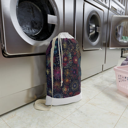 "Colorful festive fireworks patterned laundry bag for stylish and practical laundry day organization"