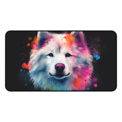 "Playful Samoyed Pup Desk Mat - Add cuteness to your workspace with this adorable and vibrant desk accessory"