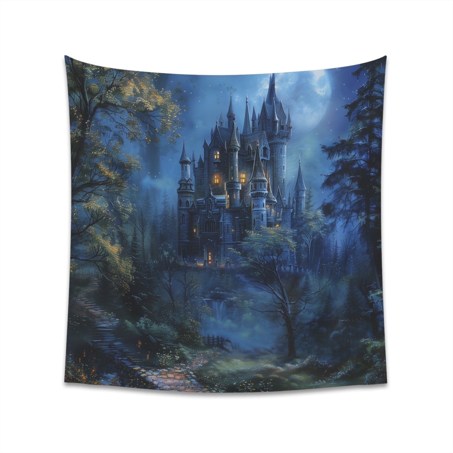 Enchanted Realm Moonlit Castle Tapestry - Majestic castle in moonlight surrounded by mystical forest. Perfect fantasy decor.