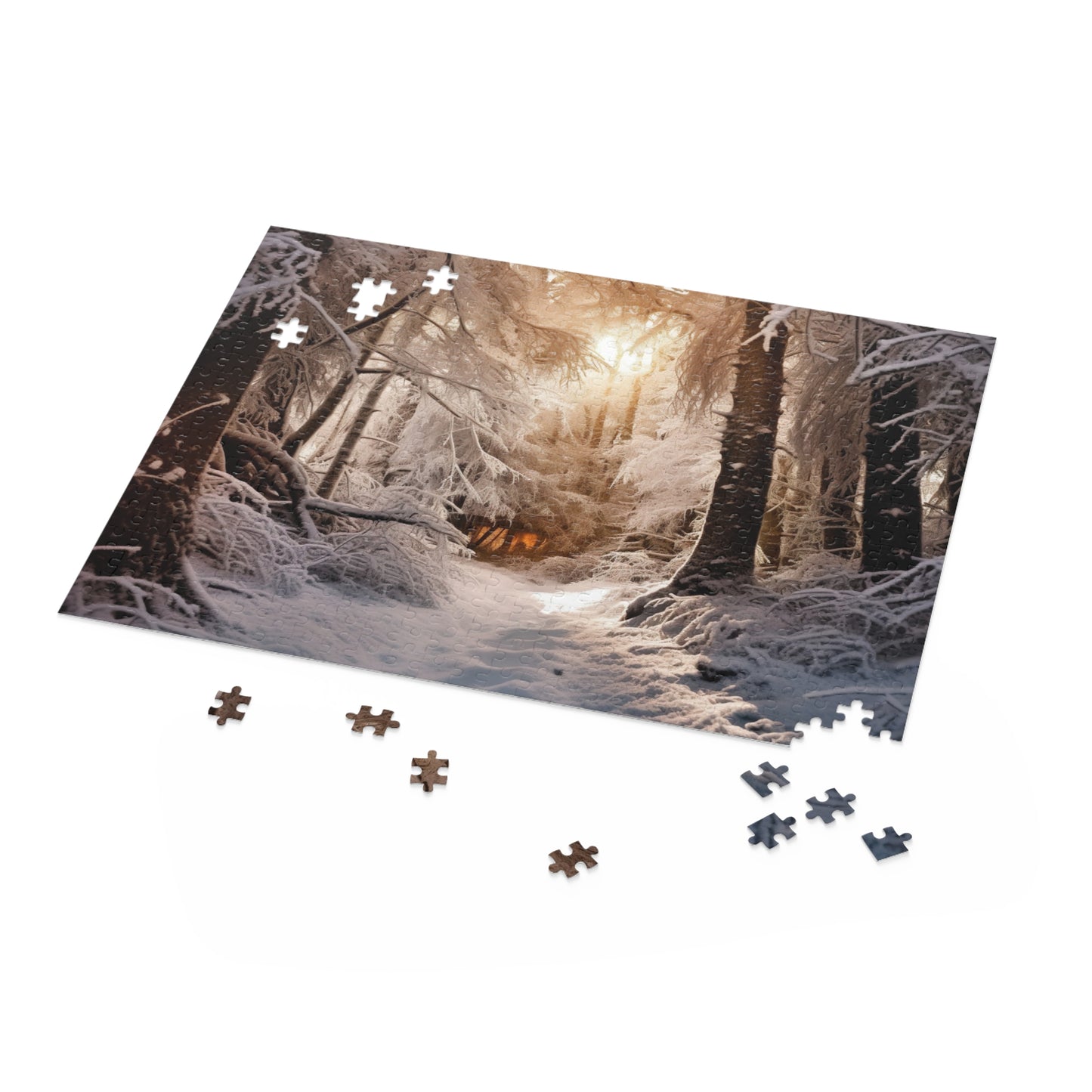 "Cozy Winter Wonderland jigsaw puzzle with snowy forest scene, perfect for relaxing nights in"