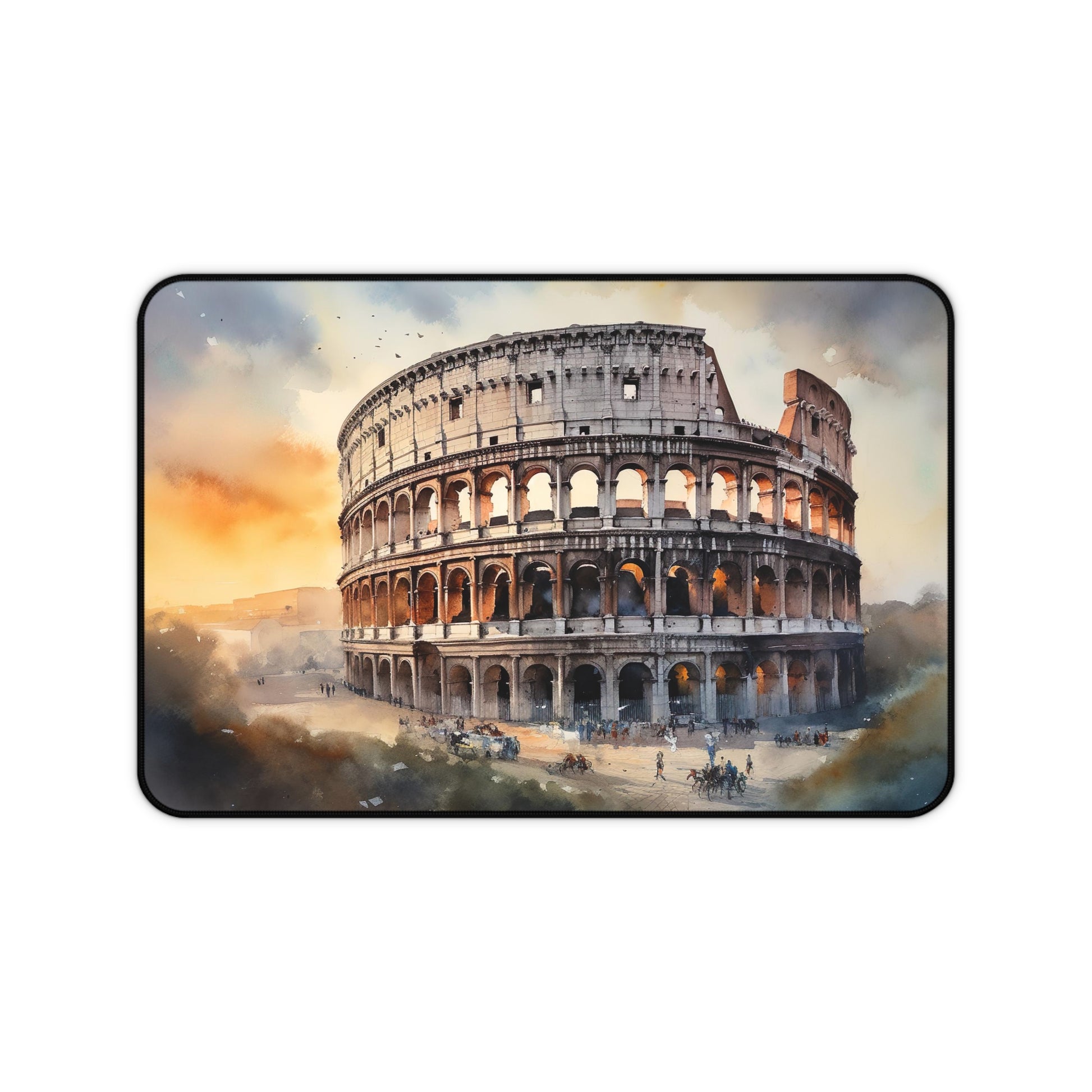 "Roman Colosseum desk mat, bring ancient history to your workspace with vibrant image of iconic Rome landmark"