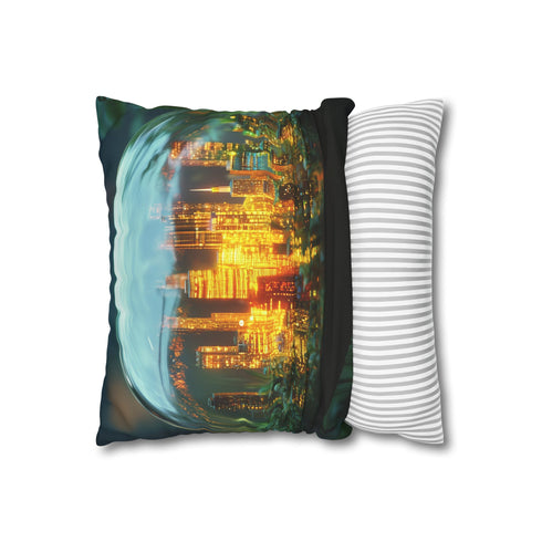 City Inside a Glowing Mushroom Cap — 40×40 Cushion Cover — Soft Brushed Fabric Texture Close-Up