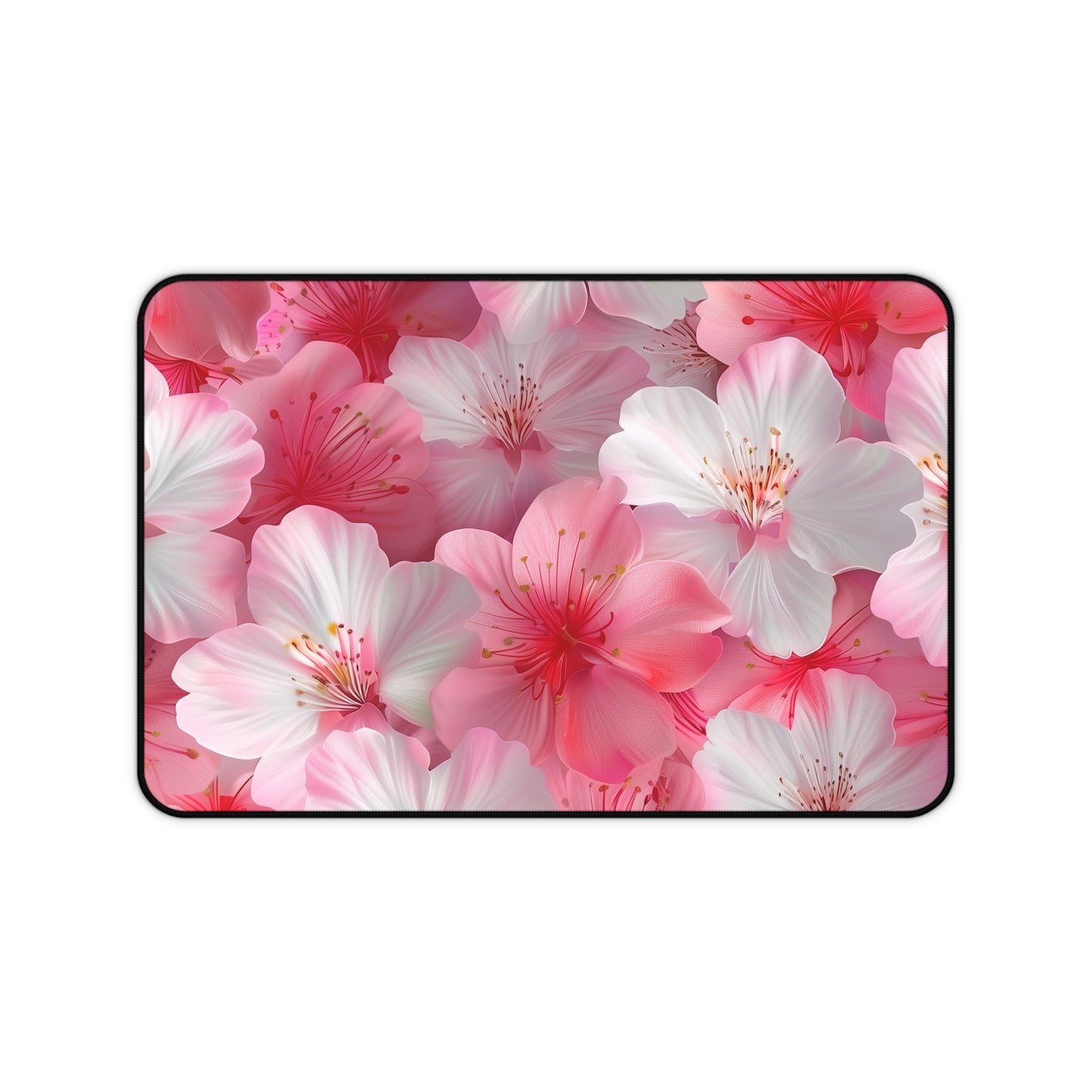 "Cherry Blossom Desk Mat - Elegant pink and white floral pattern for stylish workspace decor"