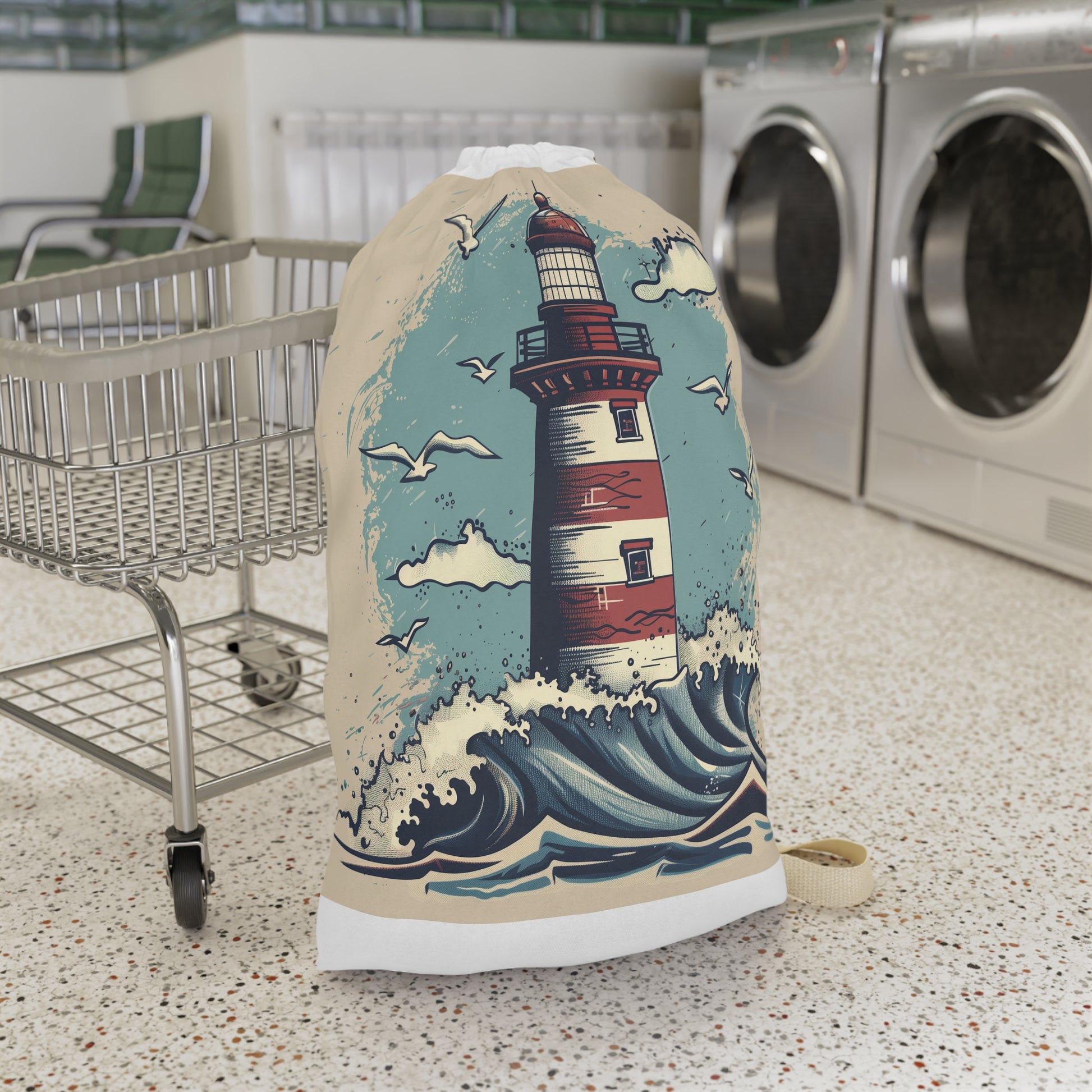 "Seaside charm lighthouse wave laundry bag for stylish storage on laundry day"