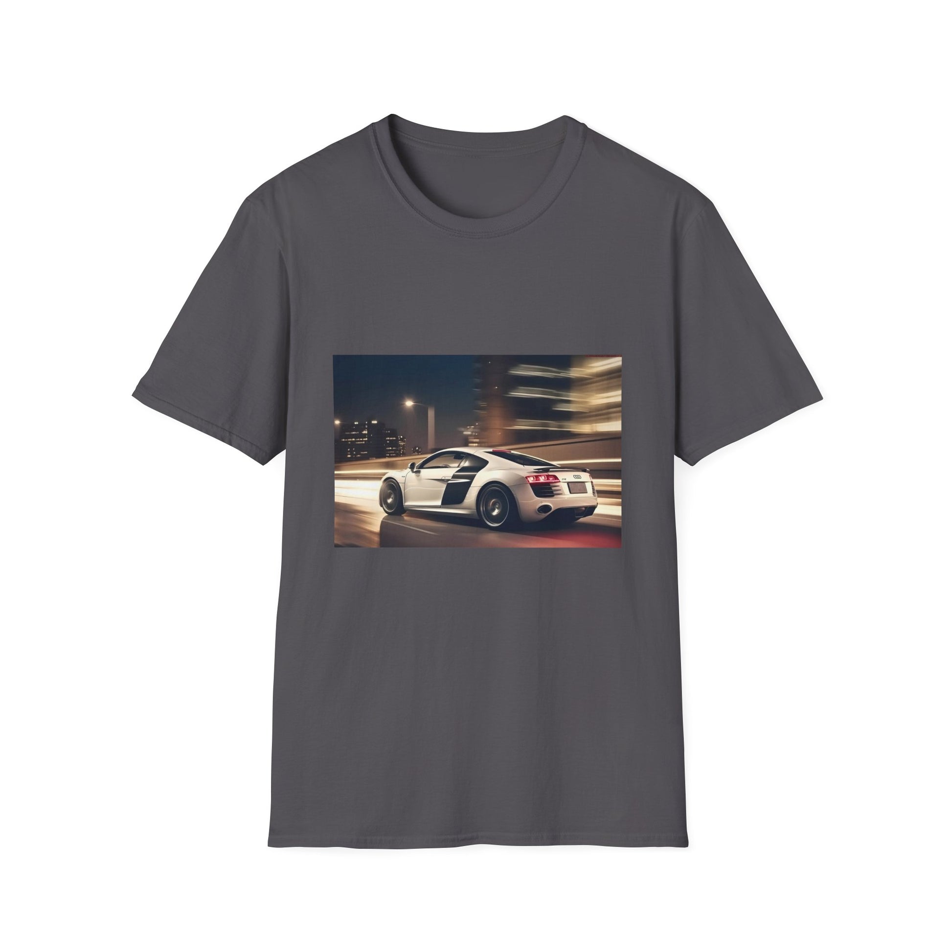 "Adrenaline Rush on Four Rings T-shirt featuring vibrant Audi R8 mid-race design, symbolizing speed and power"