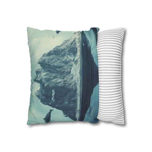 Floating Mountain Surrounded by Whales — 40×40 Cushion Cover — Soft Brushed Fabric Texture Close-Up