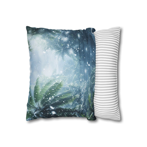 Digital Snow Falling in Tropical Jungle (Edition II) — 40×40 Cushion Cover — Sofa & Living Room Lifestyle View