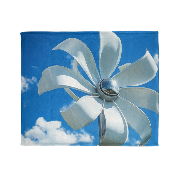 Wind Turbine Shaped Like Flower Petals — Plush Fleece Throw Blanket — Draped Over Sofa & Bed Lifestyle View
