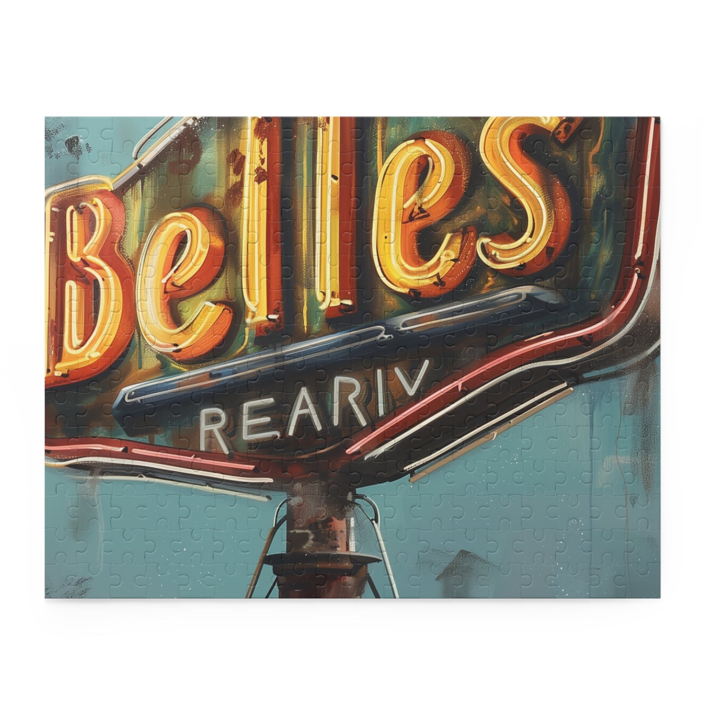 "Vintage Diner Sign Jigsaw Puzzle - Piece together nostalgia in vibrant colors, perfect for vintage enthusiasts and puzzle lovers. Add a touch of retro charm to your space!"