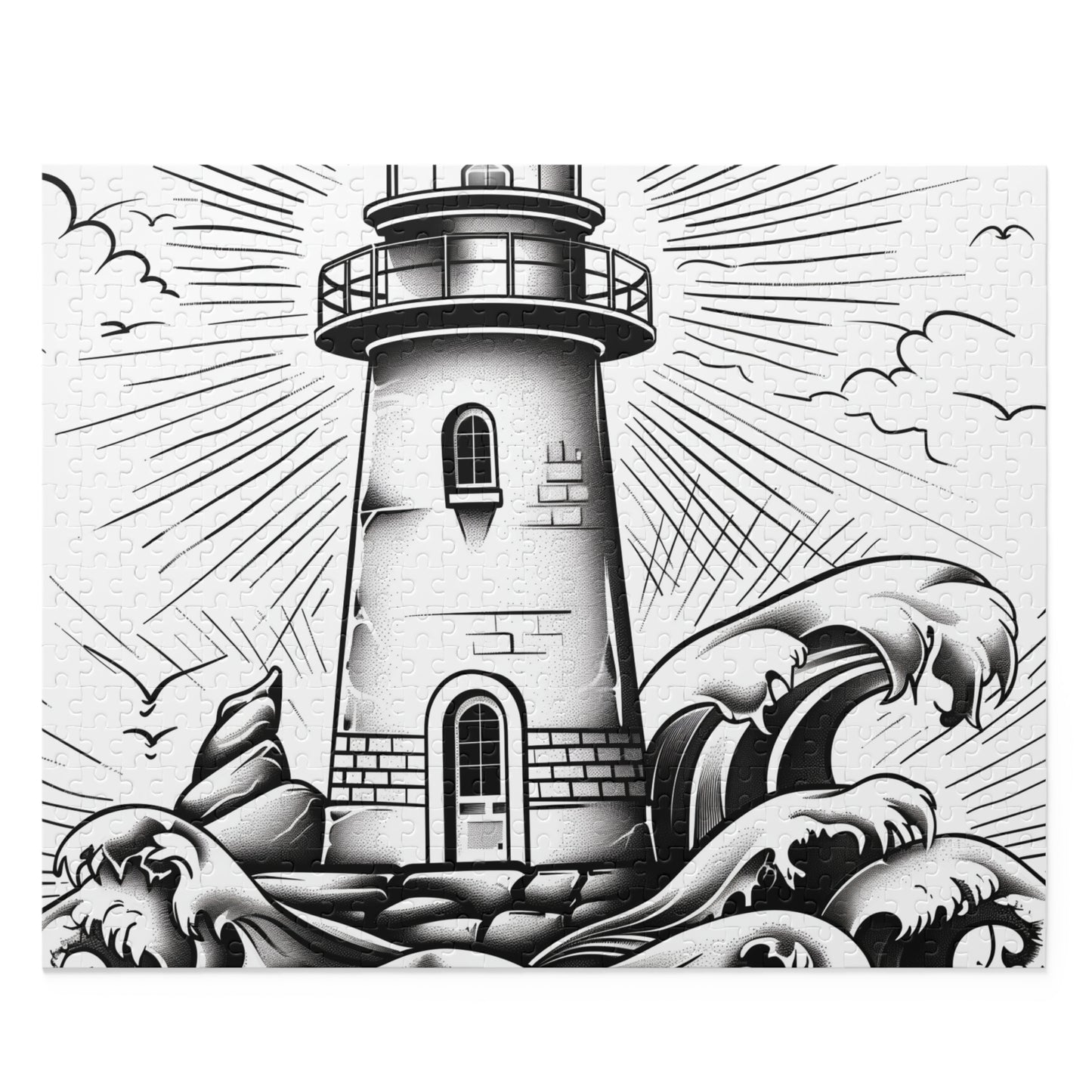 "Coastal Beacon Jigsaw Puzzle - Hand-drawn lighthouse against crashing waves, perfect for relaxing entertainment and wall decor"