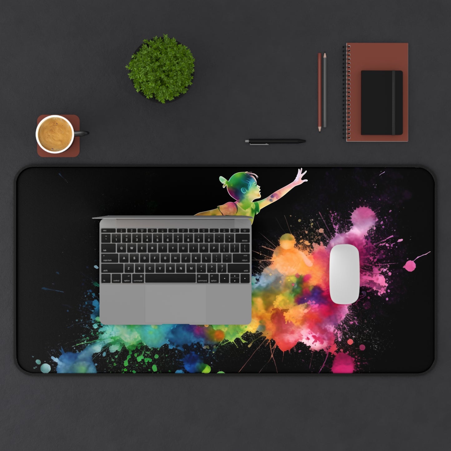 "Whimsical Peter Pan Neon Desk Mat - Vibrant watercolor design to inspire creativity and brighten workspace"