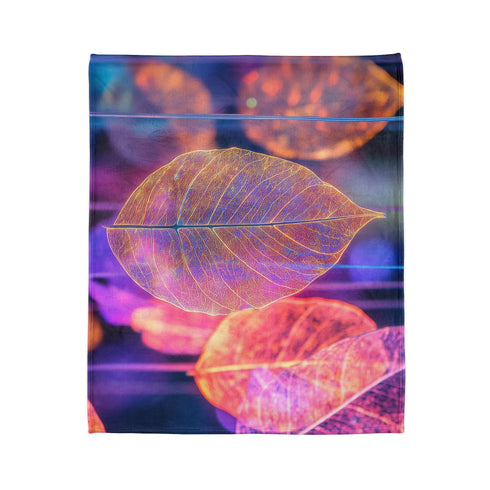 Dreamscape with Levitating Neon Leaves — Plush Fleece Throw Blanket — Product Detail View 7