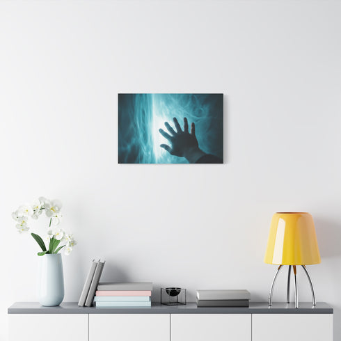 Hand Reaching Through Glowing Portal — Canvas Wall Art — Kiln-Dried Pine Frame & Ready-to-Hang Back View