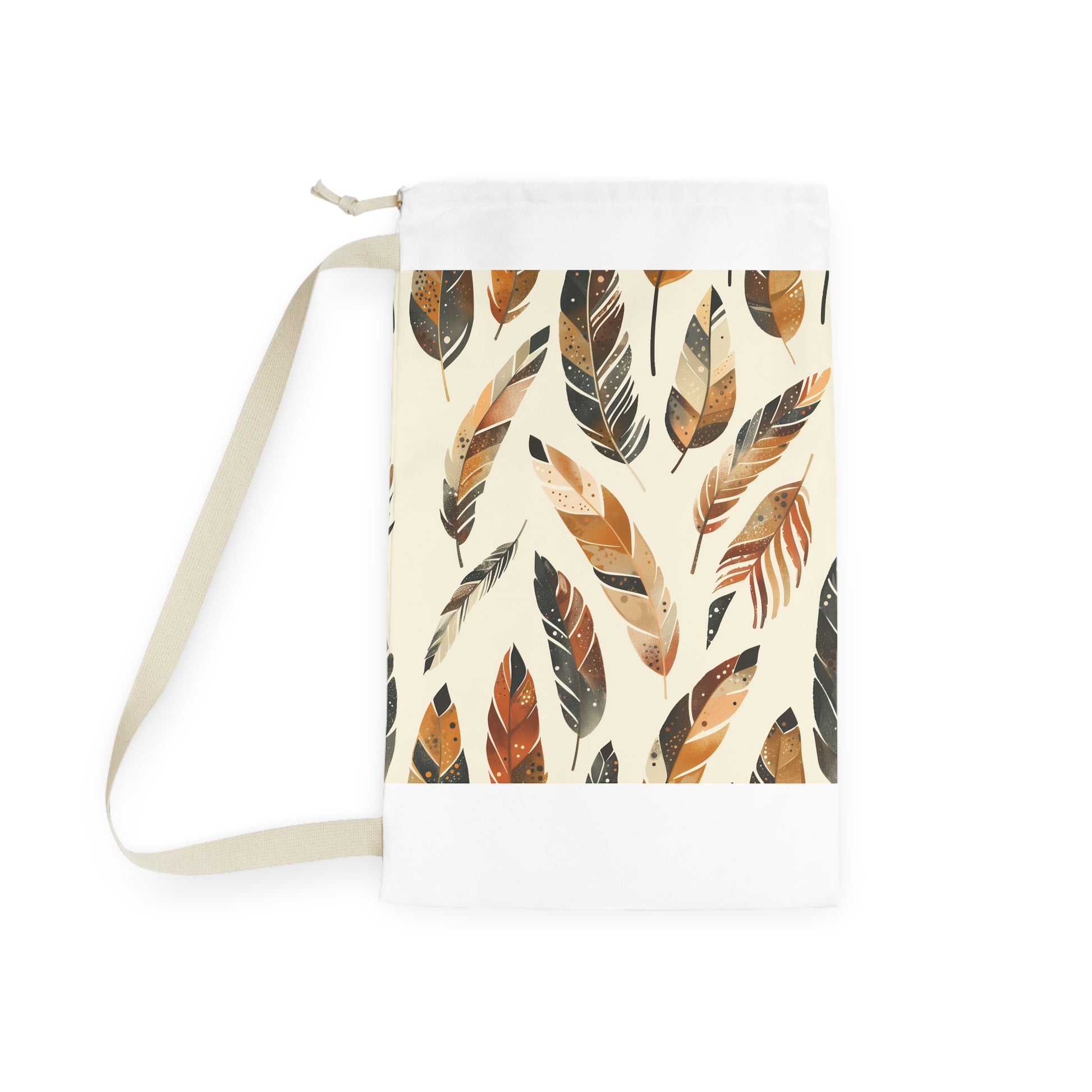 "Boho Feathers Laundry Bag - Stylish laundry bag with seamless feather pattern for fashionable transport"