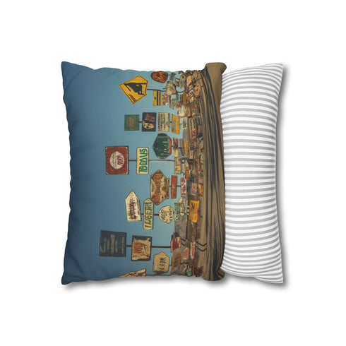 Desert Road with Endless Signs (Edition II) — 40×40 Cushion Cover — Soft Brushed Fabric Texture Close-Up