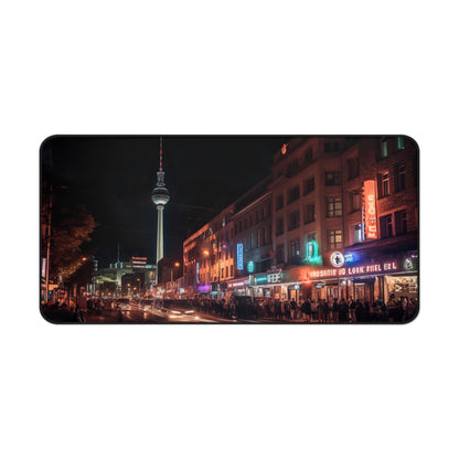 "Berlin Night Desk Mat with urban cityscape under starry sky, ideal for modern office decor"