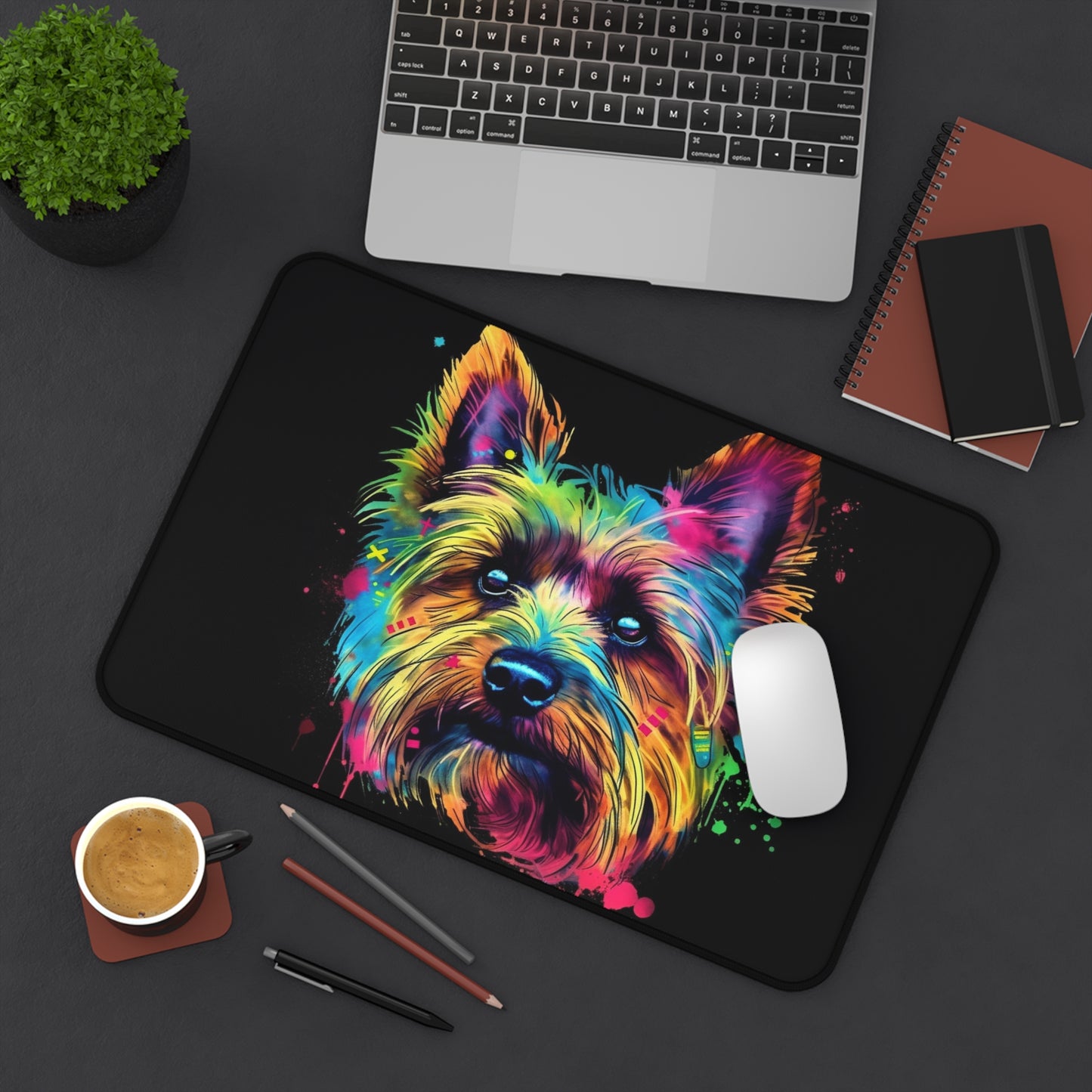 "Yorkie Love Desk Mat - Cute Yorkshire Terrier design, perfect for dog lovers, adds charm to workspace"