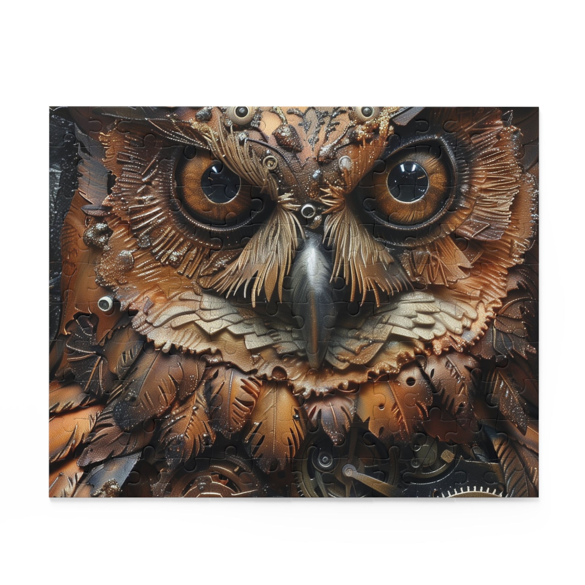 Steampunk Owl Jigsaw Puzzle - Intricate mechanical owl surrounded by gears and cogs, immersive and whimsical design.