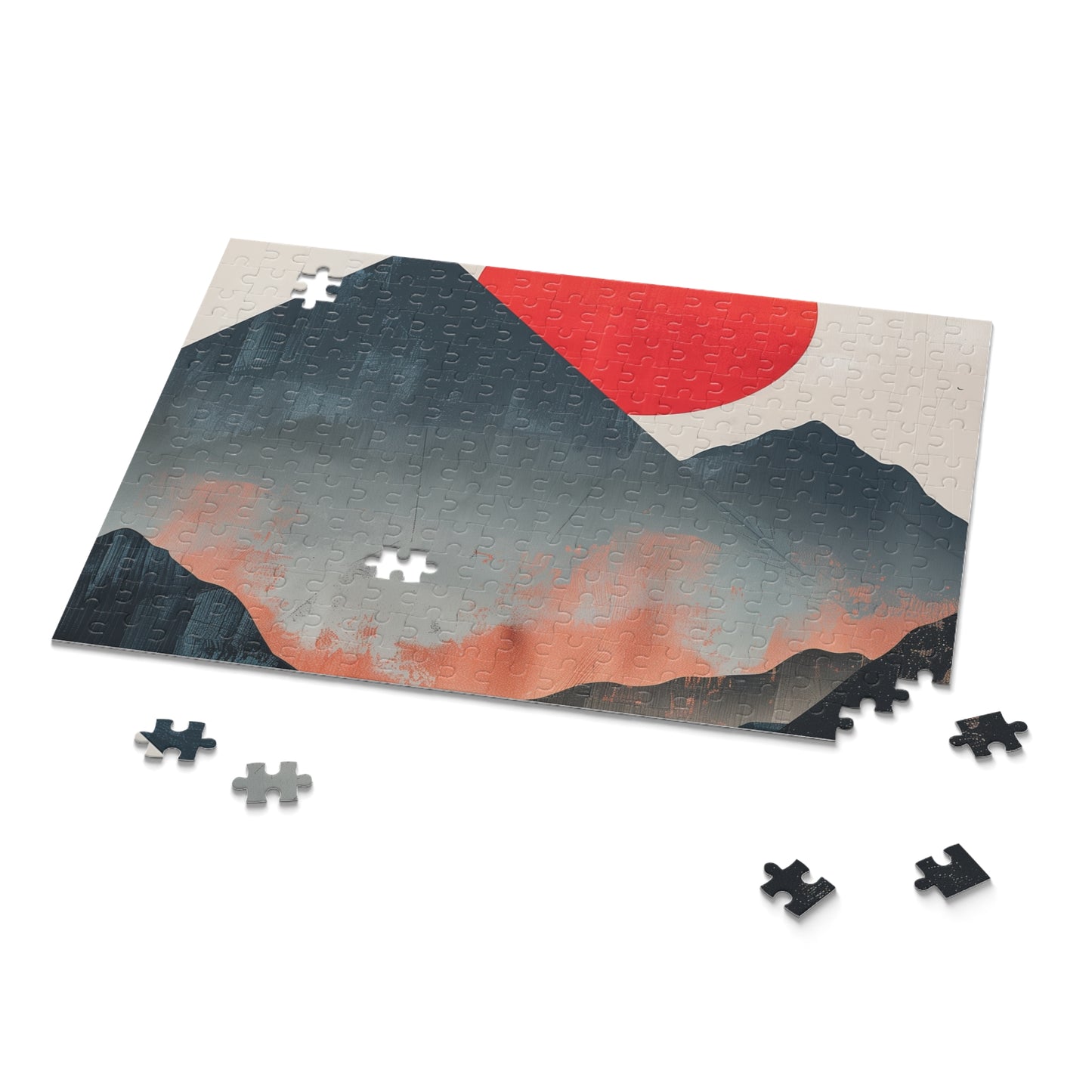 "Sunrise Mountain jigsaw puzzle with serene minimalist mountain range and soft sky hues"