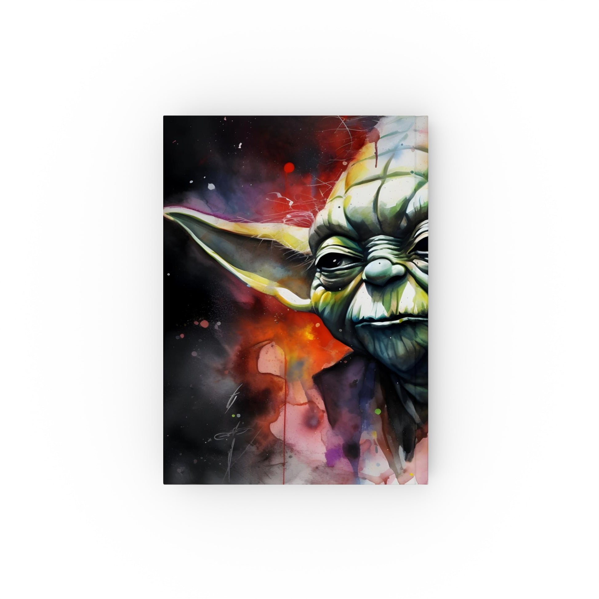 "Yoda's Wisdom Journal: Vibrant neon watercolor portrait of Jedi Master on high-quality hardcover, perfect for capturing thoughts and Jedi wisdom. Great gift idea!"