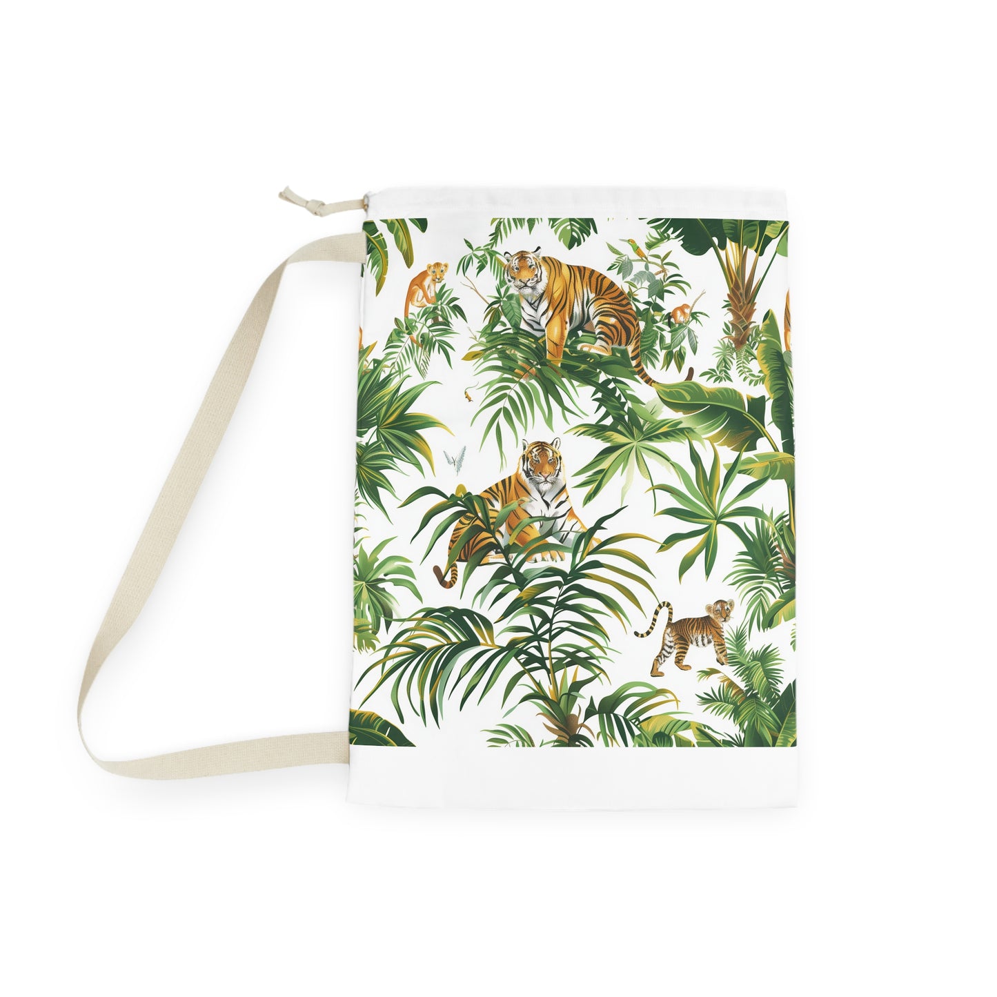 "Tiger Print Laundry Bag - Jungle Safari design with majestic tigers in lush foliage, perfect for wild style lovers"