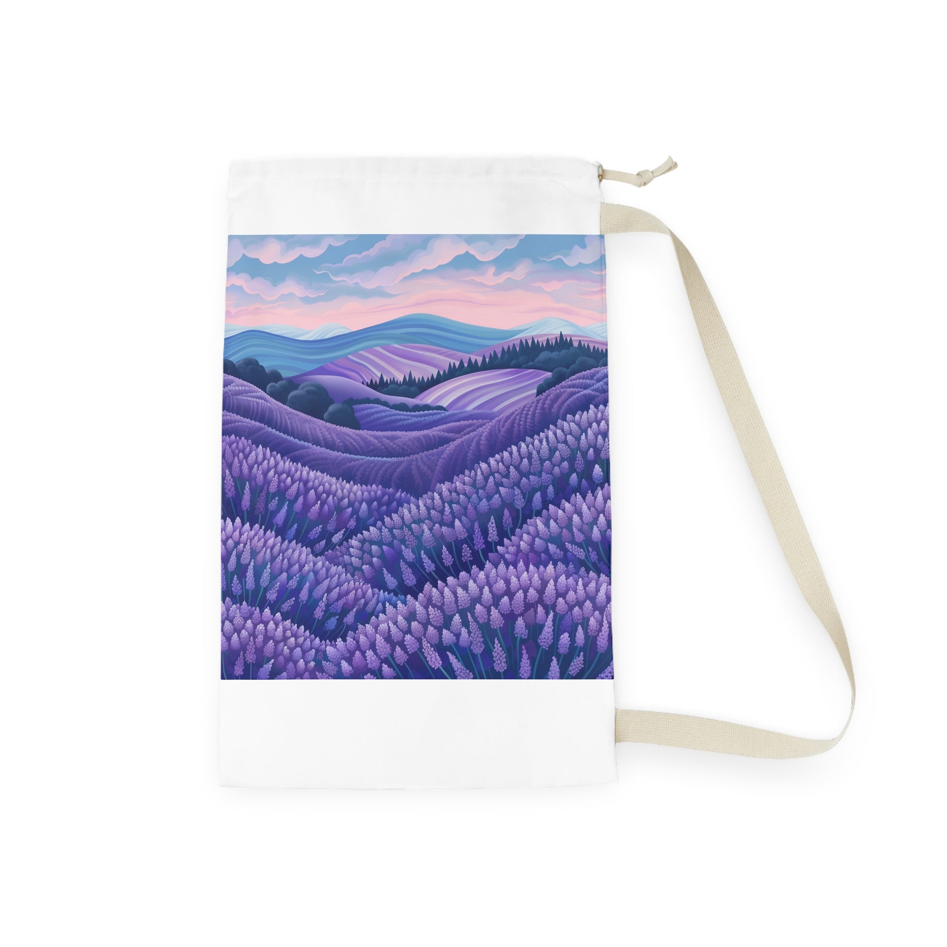 "Seamless lavender fields laundry bag for a relaxing laundry routine"