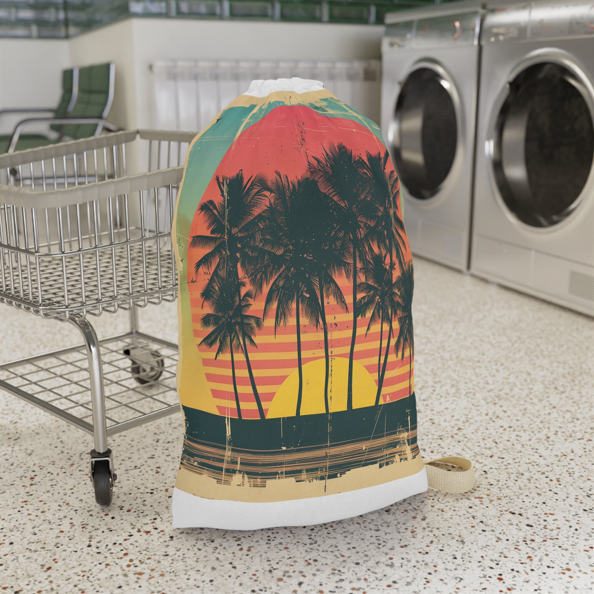 Retro sunset palm tree laundry bag for organized and stylish storage