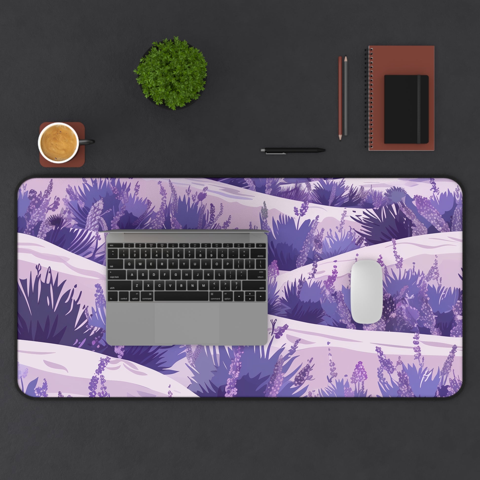 "Serene Lavender Fields Desk Mat - Elegant floral pattern for workspace tranquility"