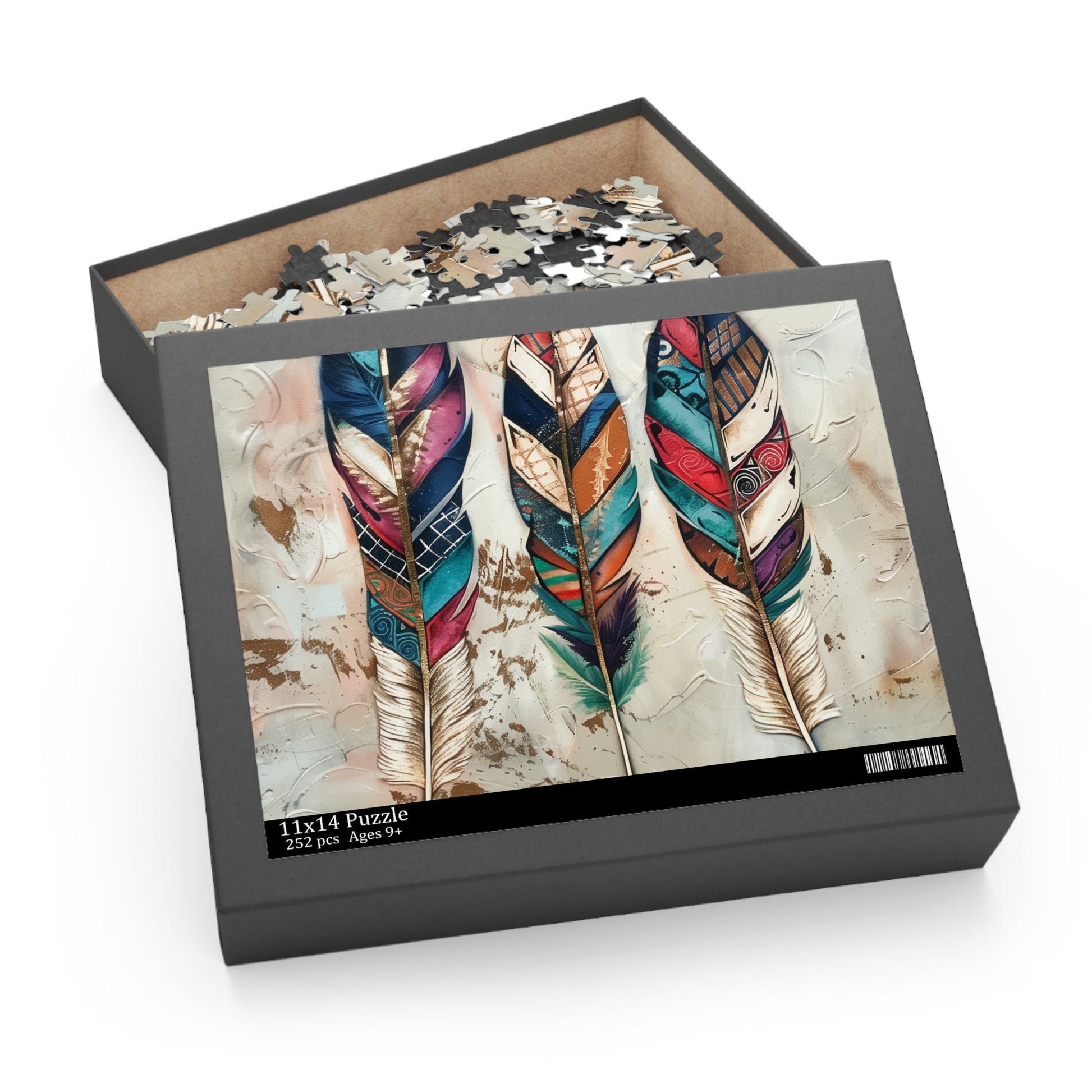 "Bohemian Feather Jigsaw Puzzle - colorful and intricate design for relaxation and mindfulness"