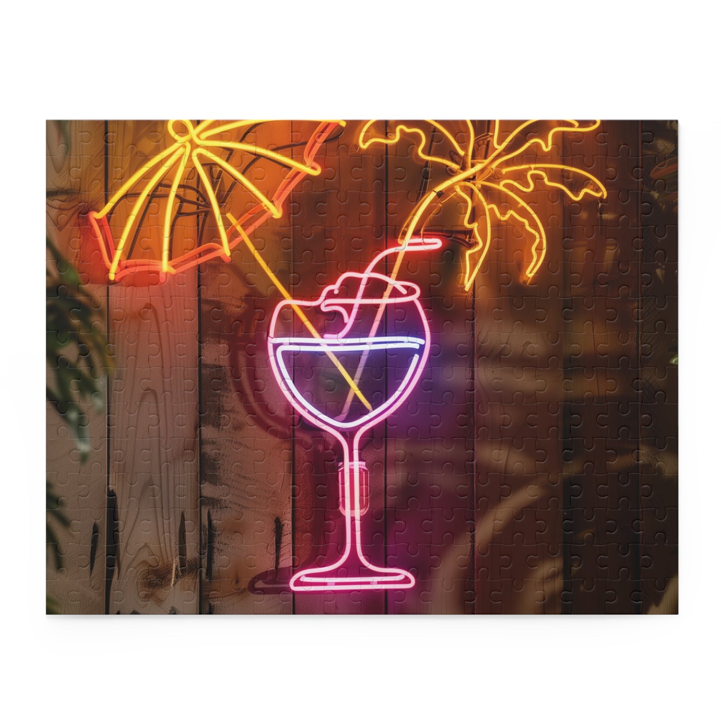 "Neon Cocktail Paradise Puzzle - vibrant tropical vibes jigsaw puzzle with colorful cocktail sign for a relaxing challenge"