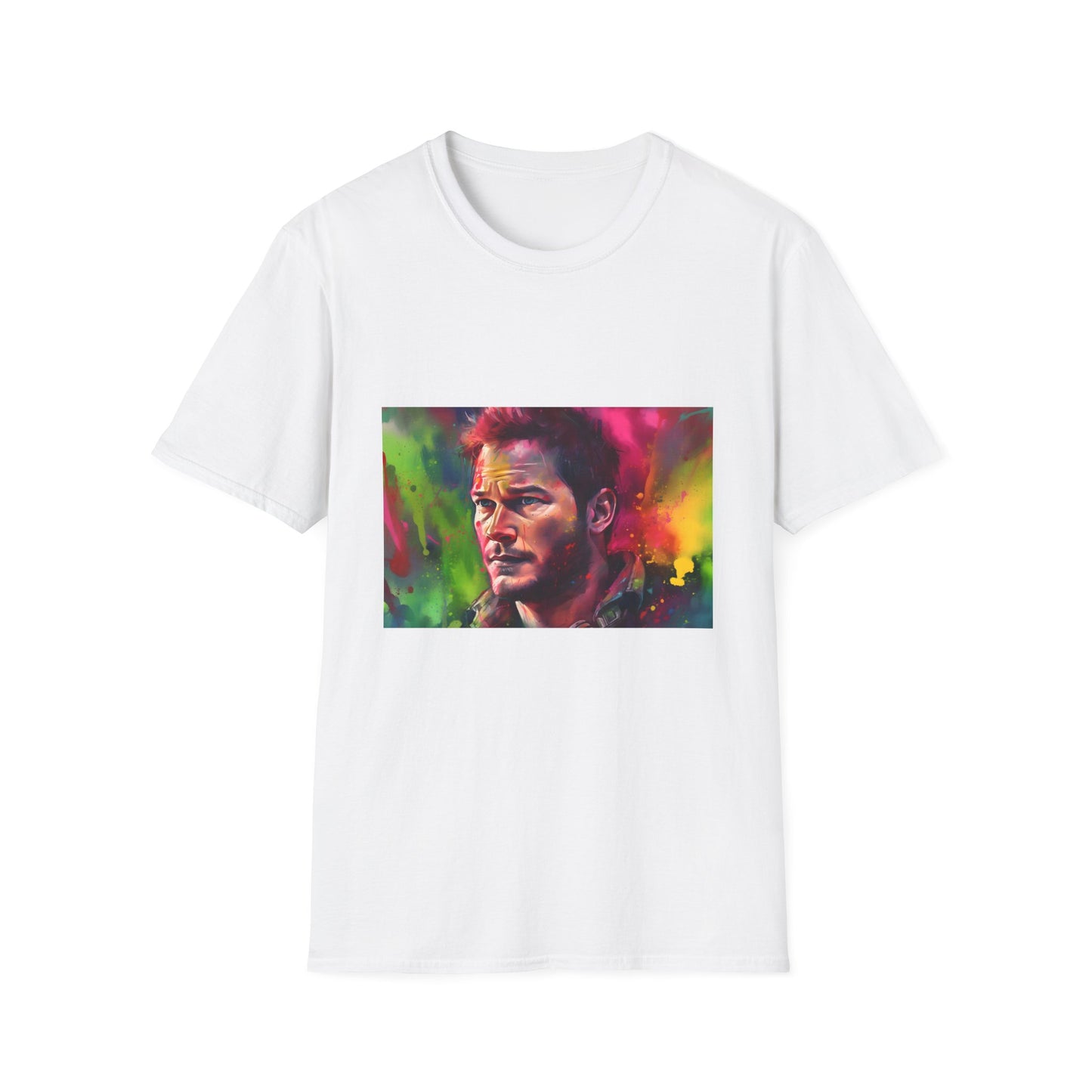 "Neon watercolor design T-shirt featuring Chris Pratt with adventurous spirit theme"