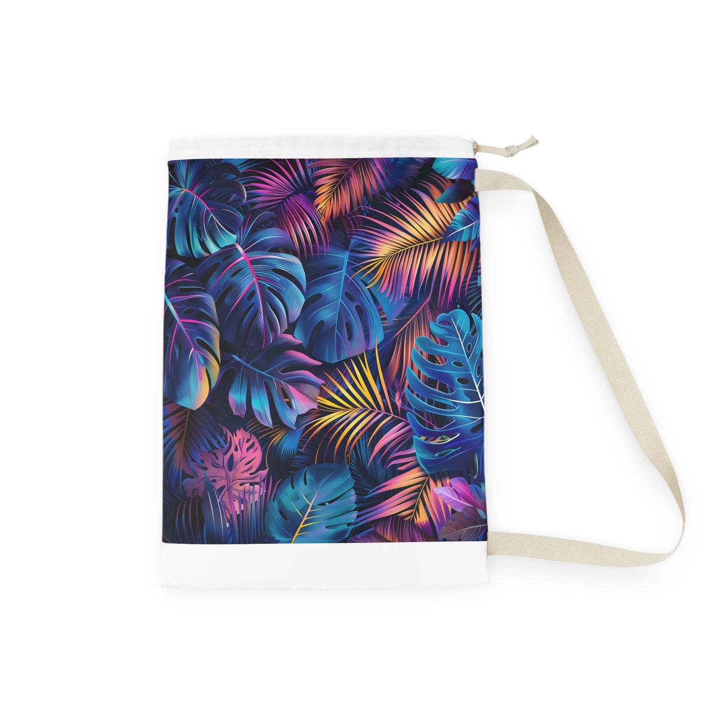 "Neon tropical leaf laundry bag for organized and stylish laundry routine"