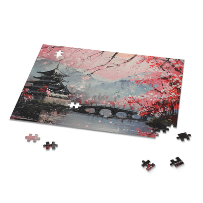 "Capture the beauty of Japanese cherry blossoms with this serene jigsaw puzzle"