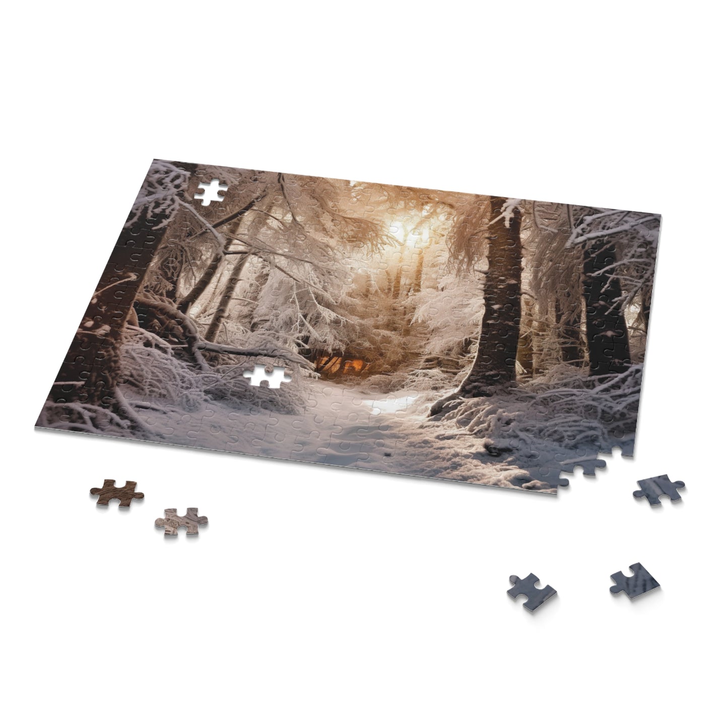 "Get lost in the Winter Wonderland jigsaw puzzle - a serene snowy forest scene for cozy nights at home"