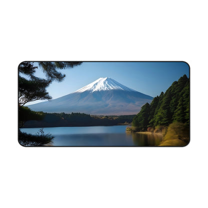 "Fuji Peak Desk Mat: Tranquil workspace essential with Mount Fuji illustration"